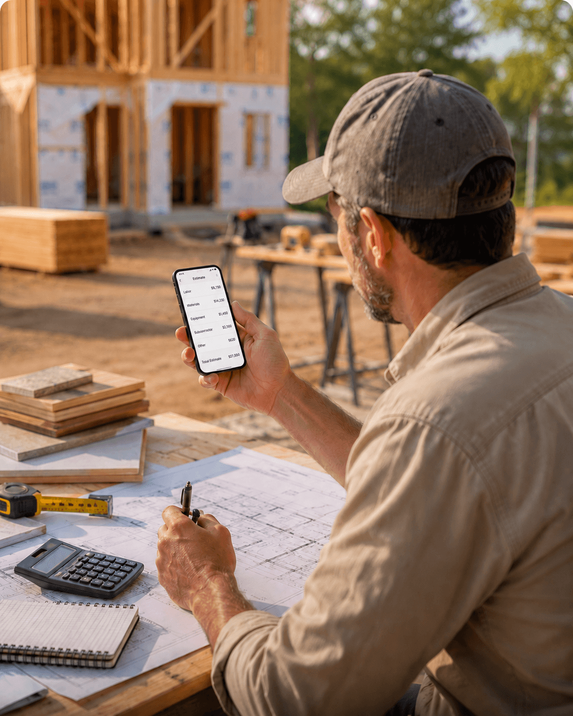 A contractor reviewing an itemized estimate on a phone at a jobsite